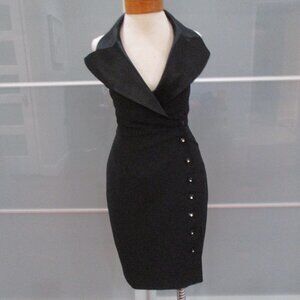 80's Lillie Rubin Satin Lapel Form Fitting Wiggle Black Cocktail Dress